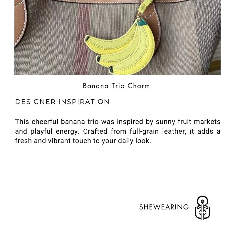 Banana Trio Leather Bag Charm – Handmade Cowhide Pendant | Cute Fruit - Inspired Keychain for Tote & Backpack | Artistic Yellow Accessory - Tomlynam