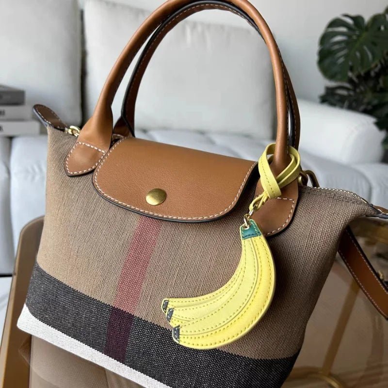 Banana Trio Leather Bag Charm – Handmade Cowhide Pendant | Cute Fruit - Inspired Keychain for Tote & Backpack | Artistic Yellow Accessory - Tomlynam