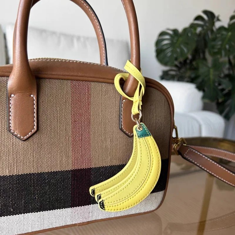 Banana Trio Leather Bag Charm – Handmade Cowhide Pendant | Cute Fruit - Inspired Keychain for Tote & Backpack | Artistic Yellow Accessory - Tomlynam