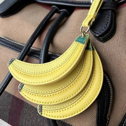 Banana Trio Leather Bag Charm – Handmade Cowhide Pendant | Cute Fruit - Inspired Keychain for Tote & Backpack | Artistic Yellow Accessory - Tomlynam