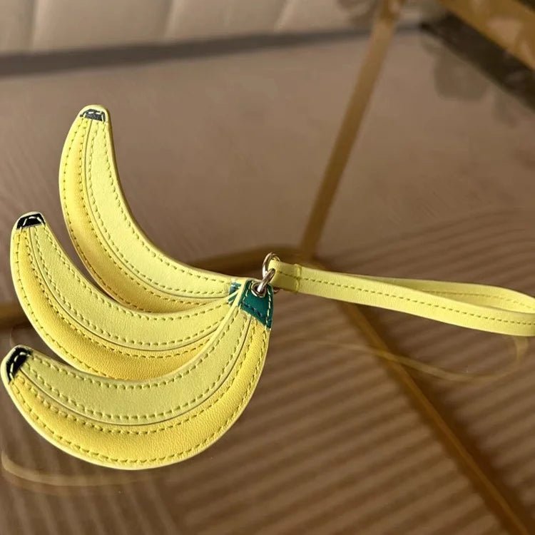 Banana Trio Leather Bag Charm – Handmade Cowhide Pendant | Cute Fruit - Inspired Keychain for Tote & Backpack | Artistic Yellow Accessory - Tomlynam