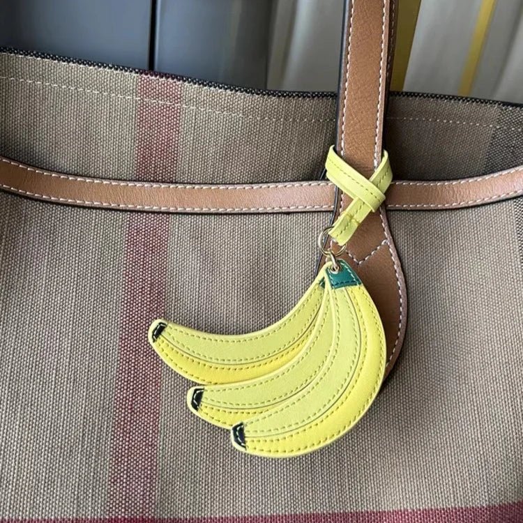 Banana Trio Leather Bag Charm – Handmade Cowhide Pendant | Cute Fruit - Inspired Keychain for Tote & Backpack | Artistic Yellow Accessory - Tomlynam