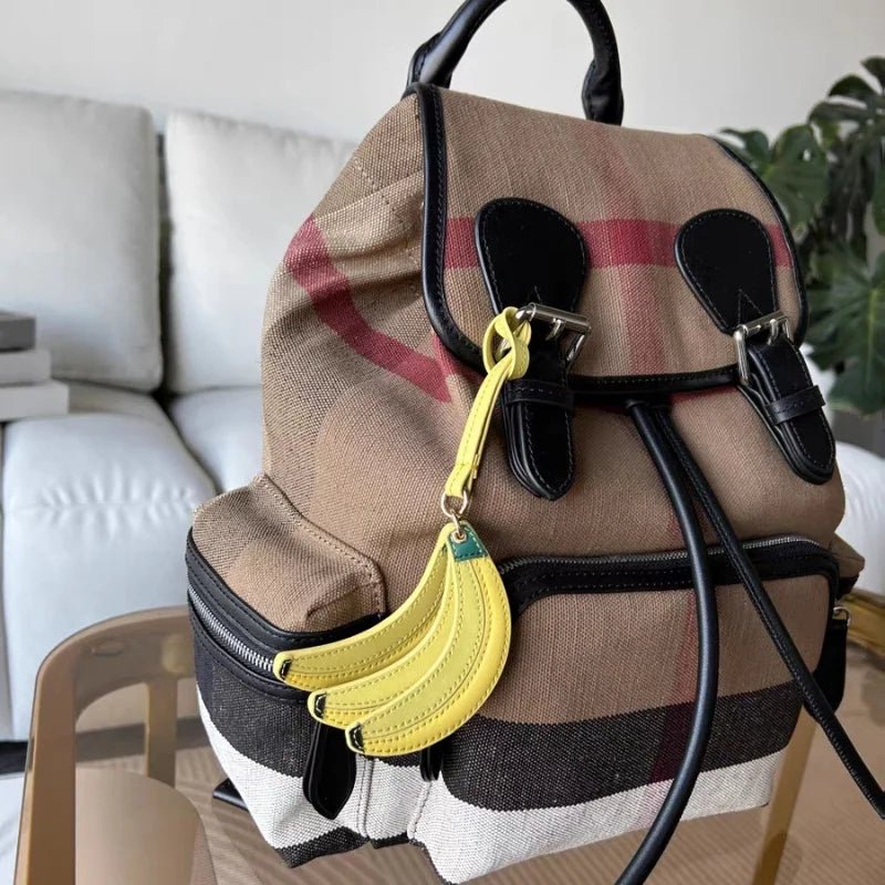 Banana Trio Leather Bag Charm – Handmade Cowhide Pendant | Cute Fruit - Inspired Keychain for Tote & Backpack | Artistic Yellow Accessory - Tomlynam