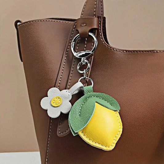 Cheerful Lemon & Orange Bag Charm – Handcrafted Full - Grain Lambskin Accessory with Flower Accent, Perfect for Bags or Keys, Playful and Stylish Gift Idea - Tomlynam