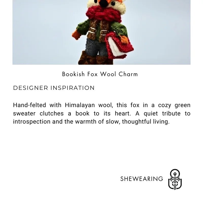 Bookish Fox Wool Charm – Handmade Felt Keychain | Cozy Green Sweater & Book - Loving Design | Slow Living Bag Pendant - Tomlynam