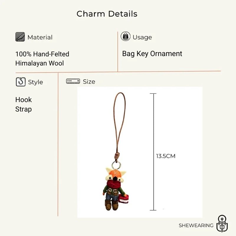 Bookish Fox Wool Charm – Handmade Felt Keychain | Cozy Green Sweater & Book - Loving Design | Slow Living Bag Pendant - Tomlynam