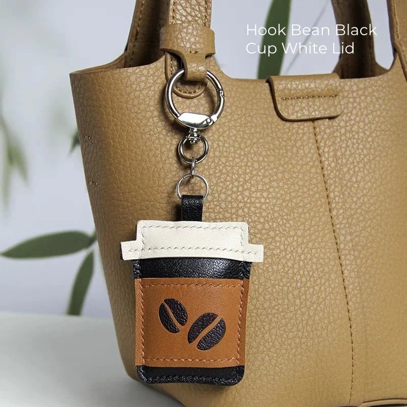 Coffee Cup Leather Bag Charm – Handcrafted Lambskin Pendant with Cartoon Coffee Bean Design | Cute Keychain & Purse Accessory | 16 Styles Available - Tomlynam