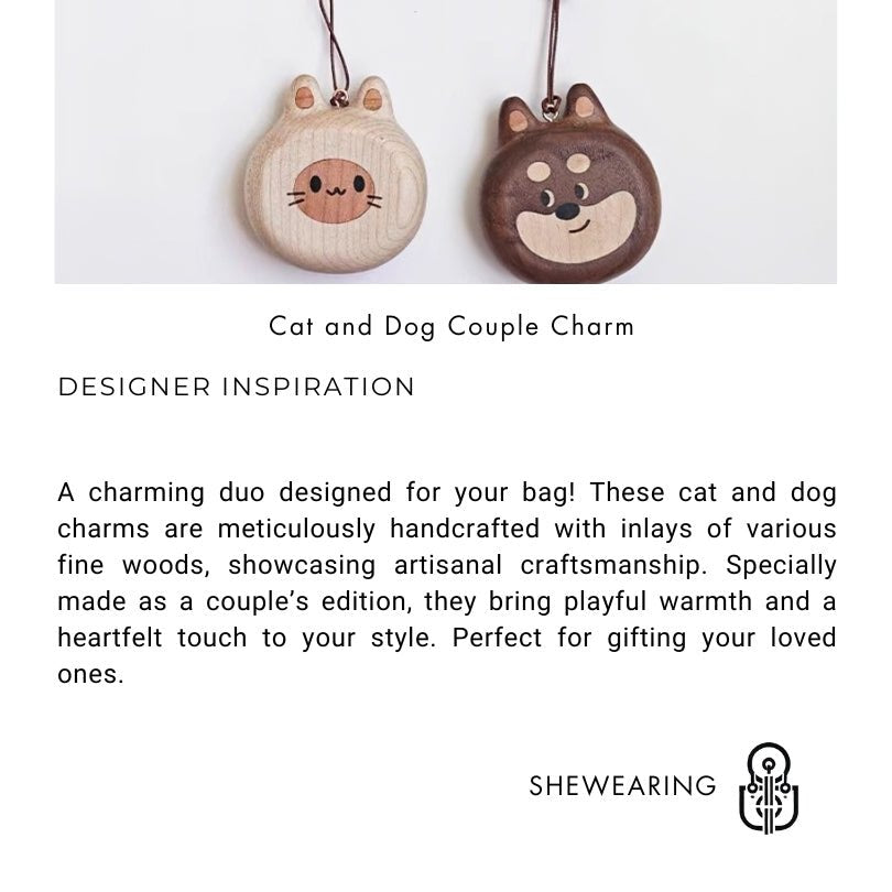 Cat and Dog Couple Charm | Handcrafted Wooden Bag Charm | Artisanal Gift for Friends and Couples | Unique Animal Design - Tomlynam