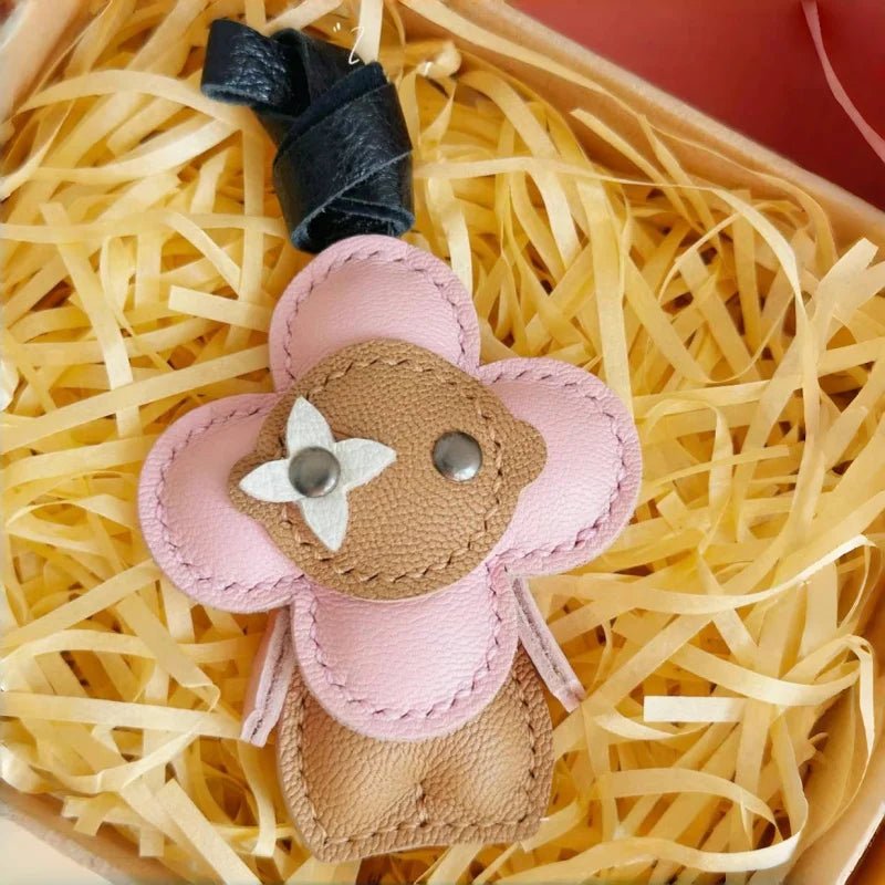 Clover Doll Sunflower Leather Bag Charm – Handmade French Lambskin Pendant | Whimsical Cartoon Keychain | Unique Luxury Accessory & Cute Gift for Women - Tomlynam