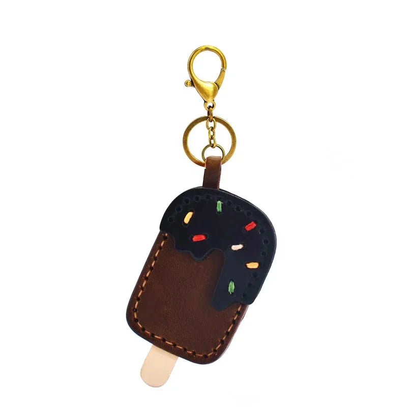 Chocolate Ice Cream Leather Bag Charm – Handmade Full - Grain Cowhide Keychain | Cute Popsicle Pendant for Handbags | Sweet & Stylish Gift Idea - Tomlynam