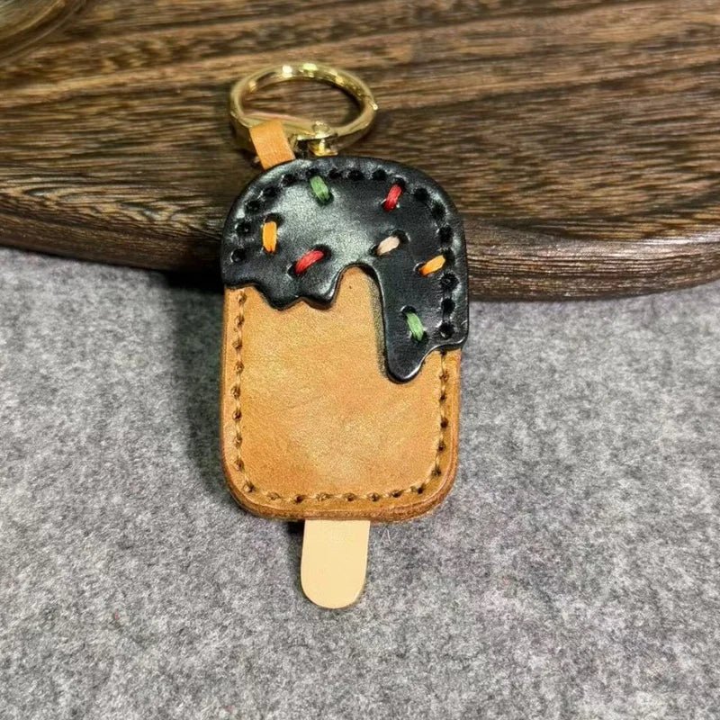 Chocolate Ice Cream Leather Bag Charm – Handmade Full - Grain Cowhide Keychain | Cute Popsicle Pendant for Handbags | Sweet & Stylish Gift Idea - Tomlynam