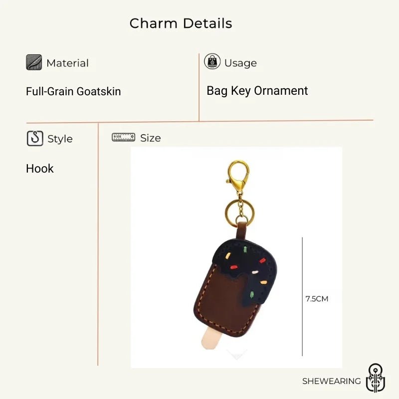 Chocolate Ice Cream Leather Bag Charm – Handmade Full - Grain Cowhide Keychain | Cute Popsicle Pendant for Handbags | Sweet & Stylish Gift Idea - Tomlynam