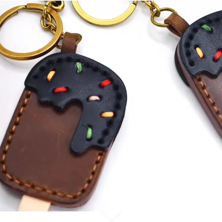 Chocolate Ice Cream Leather Bag Charm – Handmade Full - Grain Cowhide Keychain | Cute Popsicle Pendant for Handbags | Sweet & Stylish Gift Idea - Tomlynam
