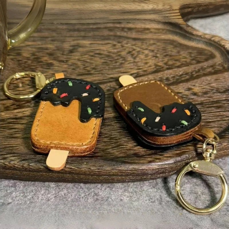 Chocolate Ice Cream Leather Bag Charm – Handmade Full - Grain Cowhide Keychain | Cute Popsicle Pendant for Handbags | Sweet & Stylish Gift Idea - Tomlynam