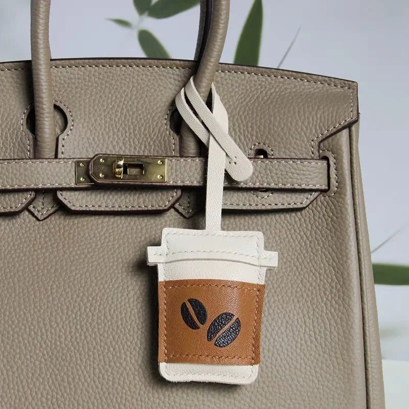 Coffee Cup Leather Bag Charm – Handcrafted Lambskin Pendant with Cartoon Coffee Bean Design | Cute Keychain & Purse Accessory | 16 Styles Available - Tomlynam
