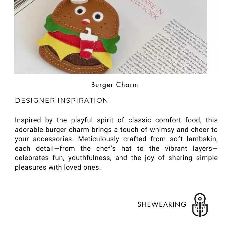 Cute Burger Lambskin Bag Charm – Handcrafted Leather Hamburger Pendant | Playful Couple Gift & Keychain | Trendy INS - Style Purse Accessory - Tomlynam