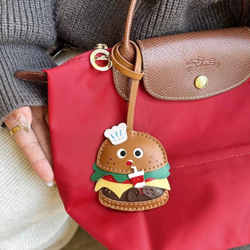 Cute Burger Lambskin Bag Charm – Handcrafted Leather Hamburger Pendant | Playful Couple Gift & Keychain | Trendy INS - Style Purse Accessory - Tomlynam
