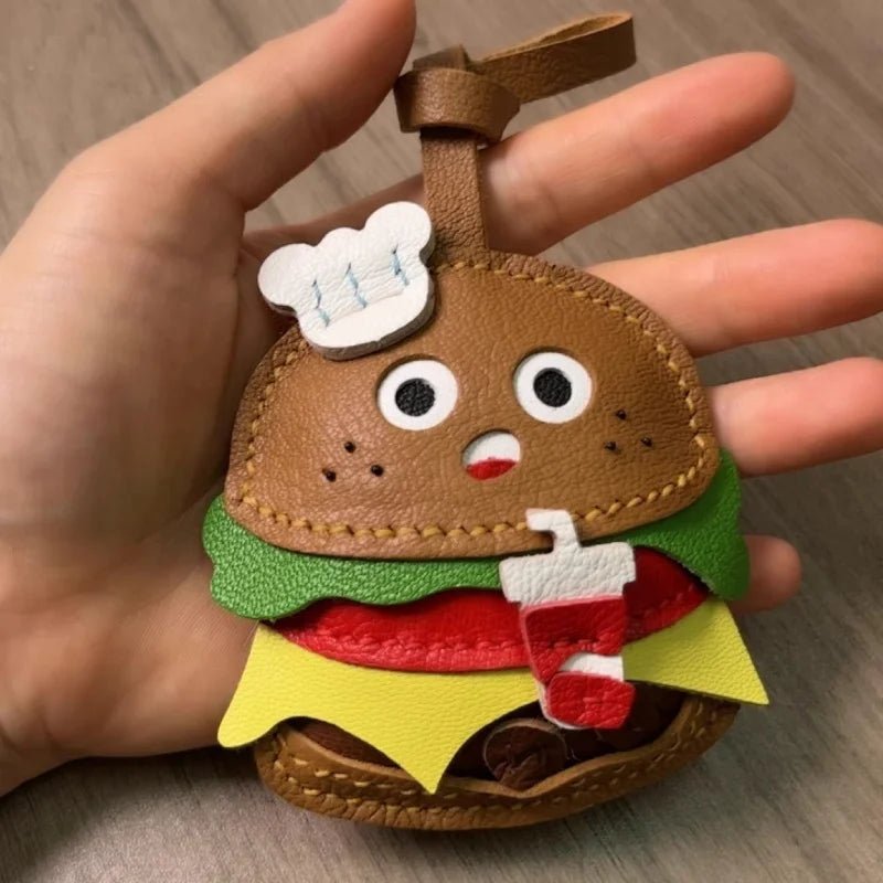 Cute Burger Lambskin Bag Charm – Handcrafted Leather Hamburger Pendant | Playful Couple Gift & Keychain | Trendy INS - Style Purse Accessory - Tomlynam