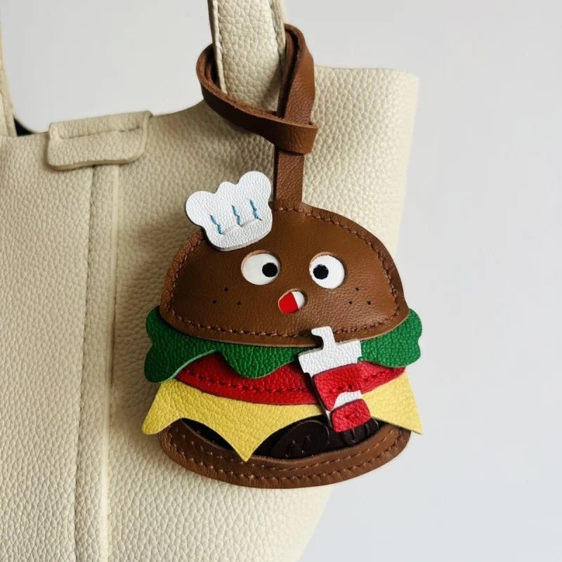Cute Burger Lambskin Bag Charm – Handcrafted Leather Hamburger Pendant | Playful Couple Gift & Keychain | Trendy INS - Style Purse Accessory - Tomlynam