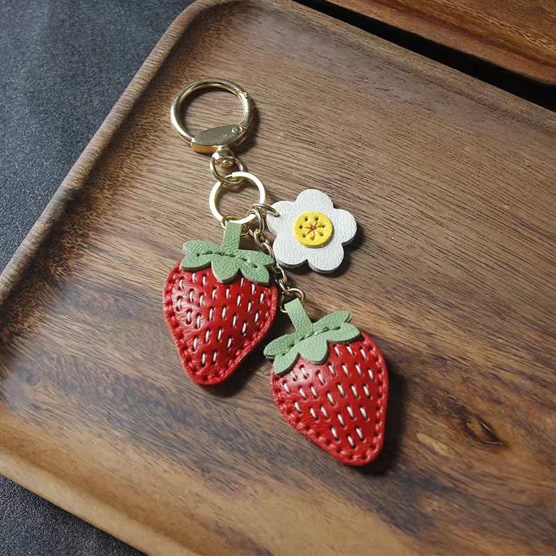 Cute Strawberry Leather Bag Charm – Handcrafted Fruit - Inspired Pendant with Daisy Detail | Playful Keychain Accessory | Lovely Gift for Women - Tomlynam