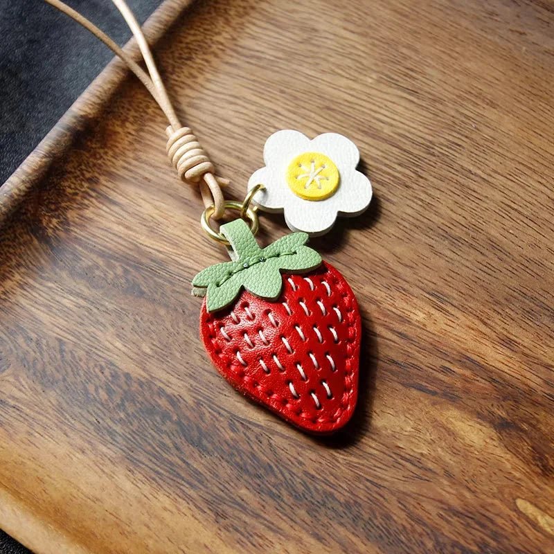 Cute Strawberry Leather Bag Charm – Handcrafted Fruit - Inspired Pendant with Daisy Detail | Playful Keychain Accessory | Lovely Gift for Women - Tomlynam