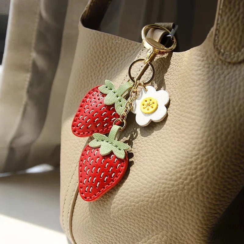 Cute Strawberry Leather Bag Charm – Handcrafted Fruit - Inspired Pendant with Daisy Detail | Playful Keychain Accessory | Lovely Gift for Women - Tomlynam
