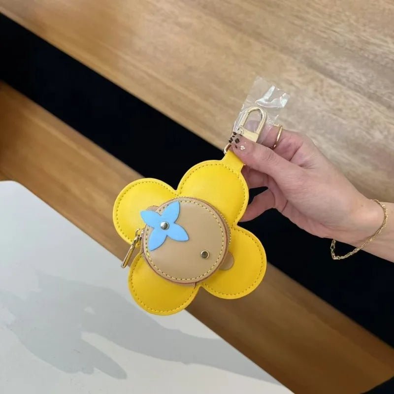 Sunflower Leather Coin & Earbud Case Charm – Designer Mini Flower Bag Pendant | Handmade Genuine Leather Keychain | Versatile Purse Accessory in Multiple Colors - Tomlynam