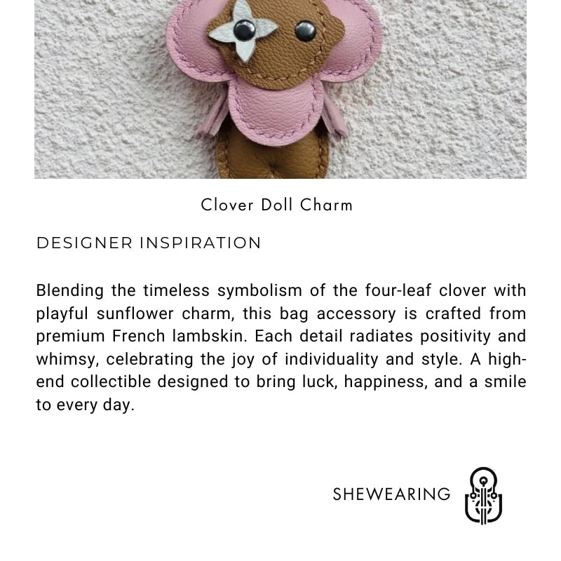 Clover Doll Sunflower Leather Bag Charm – Handmade French Lambskin Pendant | Whimsical Cartoon Keychain | Unique Luxury Accessory & Cute Gift for Women - Tomlynam