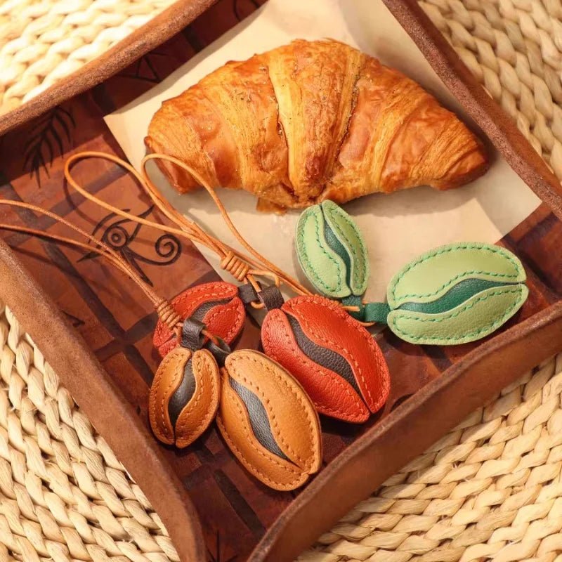 French Lambskin Coffee Bean Bag Charm – Handcrafted Dual - Tone Leather Keychain | Vintage - Inspired Pendant for Handbags & Cars | Unique Gift for Coffee Lovers - Tomlynam