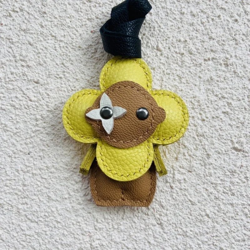 Clover Doll Sunflower Leather Bag Charm – Handmade French Lambskin Pendant | Whimsical Cartoon Keychain | Unique Luxury Accessory & Cute Gift for Women - Tomlynam