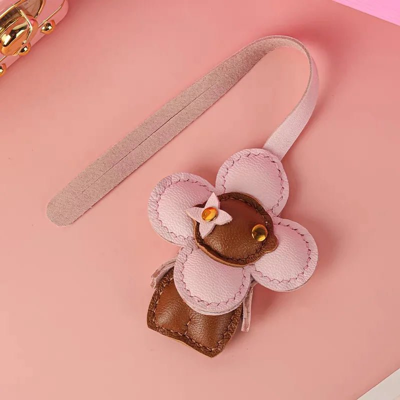 Clover Doll Sunflower Leather Bag Charm – Handmade French Lambskin Pendant | Whimsical Cartoon Keychain | Unique Luxury Accessory & Cute Gift for Women - Tomlynam