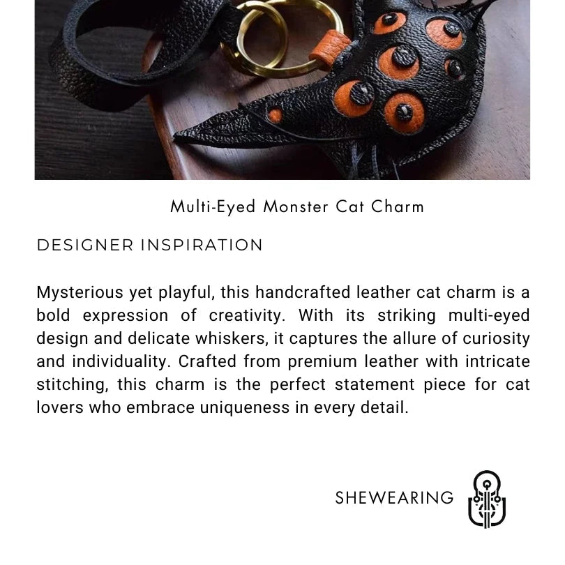 Designer Handcrafted Multi - Eyed Leather Cat Bag Charm | Unique Keychain for Bags & Cars | Personalized Gift for Cat Lovers - Tomlynam