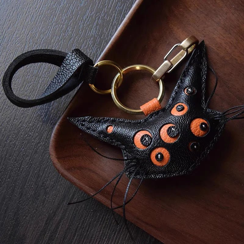 Designer Handcrafted Multi - Eyed Leather Cat Bag Charm | Unique Keychain for Bags & Cars | Personalized Gift for Cat Lovers - Tomlynam