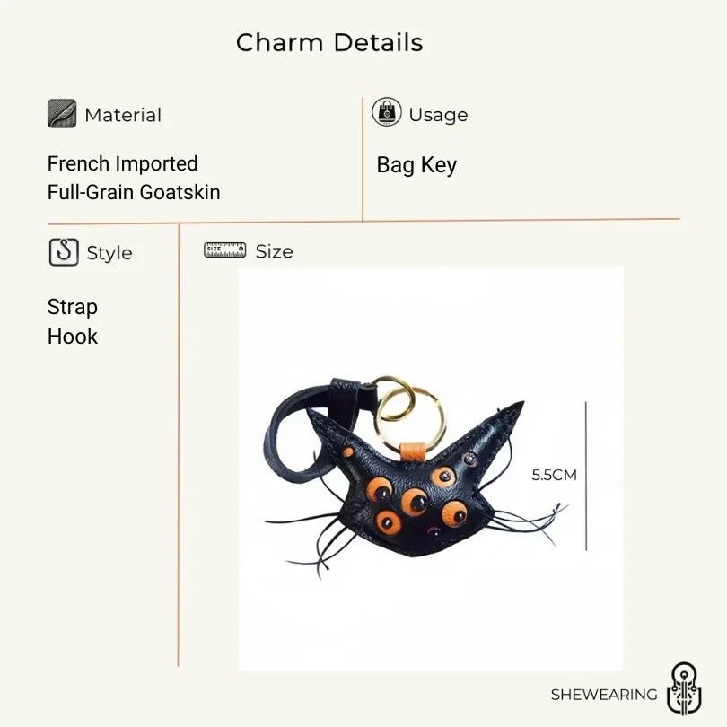 Designer Handcrafted Multi - Eyed Leather Cat Bag Charm | Unique Keychain for Bags & Cars | Personalized Gift for Cat Lovers - Tomlynam
