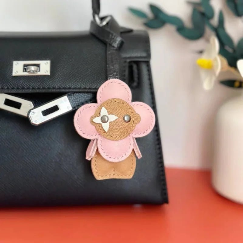 Clover Doll Sunflower Leather Bag Charm – Handmade French Lambskin Pendant | Whimsical Cartoon Keychain | Unique Luxury Accessory & Cute Gift for Women - Tomlynam