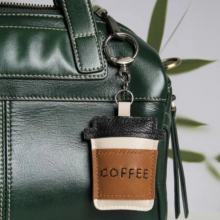 Coffee Cup Leather Bag Charm – Handcrafted Lambskin Pendant with Cartoon Coffee Bean Design | Cute Keychain & Purse Accessory | 16 Styles Available - Tomlynam