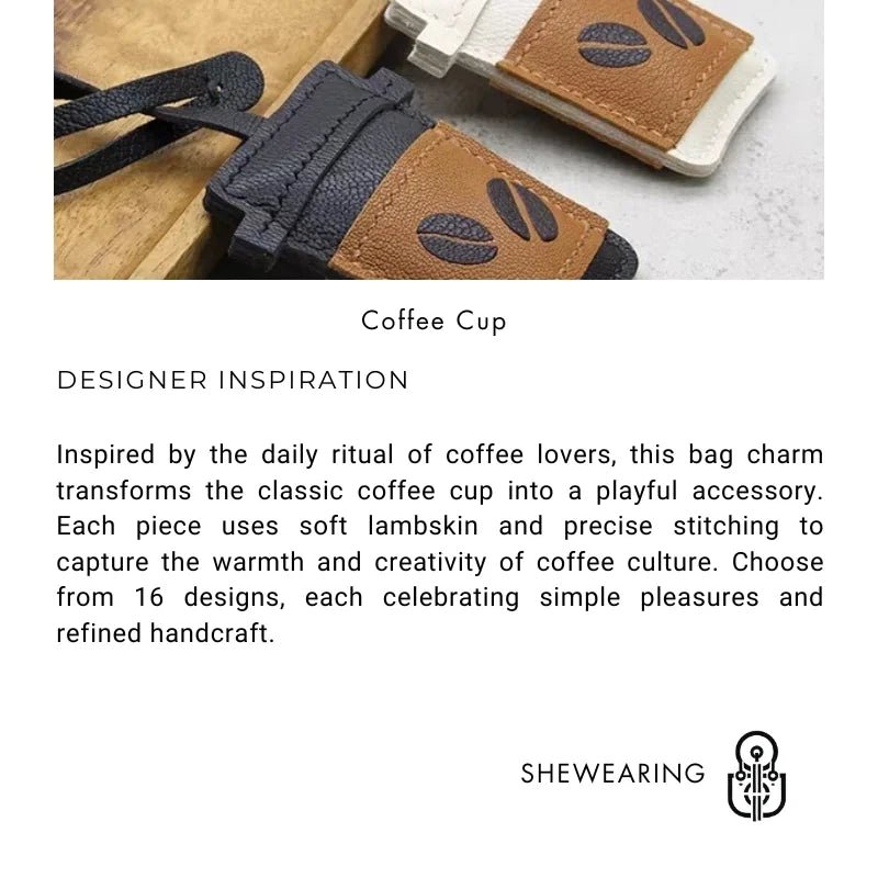 Coffee Cup Leather Bag Charm – Handcrafted Lambskin Pendant with Cartoon Coffee Bean Design | Cute Keychain & Purse Accessory | 16 Styles Available - Tomlynam