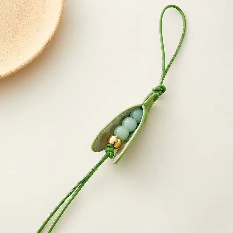 Pea Pod - Inspired Leather Bag Charm – Handmade Vegetable Keychain with Jade Beads | Creative Pendant for Handbags & Backpacks | Designer - Inspired Accent Accessory - Tomlynam