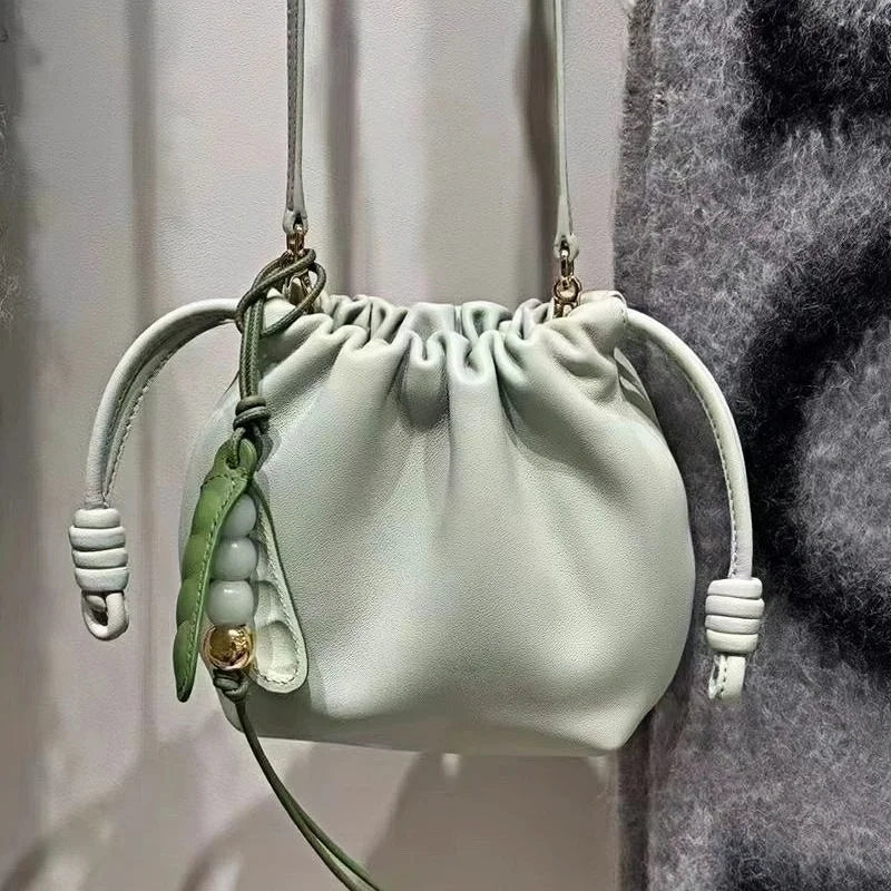 Pea Pod - Inspired Leather Bag Charm – Handmade Vegetable Keychain with Jade Beads | Creative Pendant for Handbags & Backpacks | Designer - Inspired Accent Accessory - Tomlynam