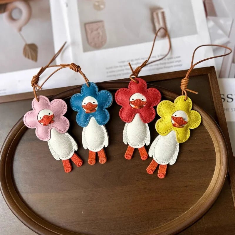 Flower Duck Leather Bag Charm – Handcrafted Animal Pendant Keychain | Cute Goose Accessory in Multiple Colors | Premium Leather Gift for Women & Kids - Tomlynam