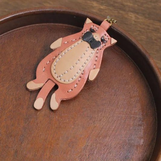Gentleman Cat Leather Bag Charm – Handmade Full - Grain Leather Pendant | Vintage Bow - Tie Kitty Keychain | Cute & Quirky Gift for Her - Tomlynam