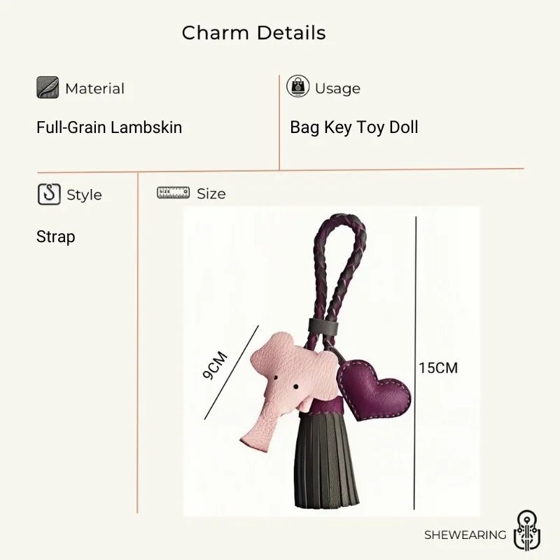Genuine Leather Tassel Elephant Bag Charm – Cute Heart Design, Handmade Accessory for Bags and Keys, Fashionable and Versatile Gift for Women - Tomlynam
