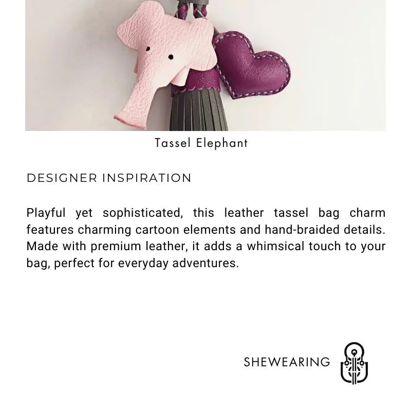 Genuine Leather Tassel Elephant Bag Charm – Cute Heart Design, Handmade Accessory for Bags and Keys, Fashionable and Versatile Gift for Women - Tomlynam