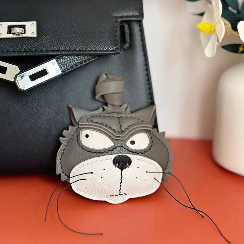 Grumpy Cat Leather Charm – Handmade Full - Grain Goatskin Bag and Key Accessory, Unique Gift for Cat Lovers - Tomlynam
