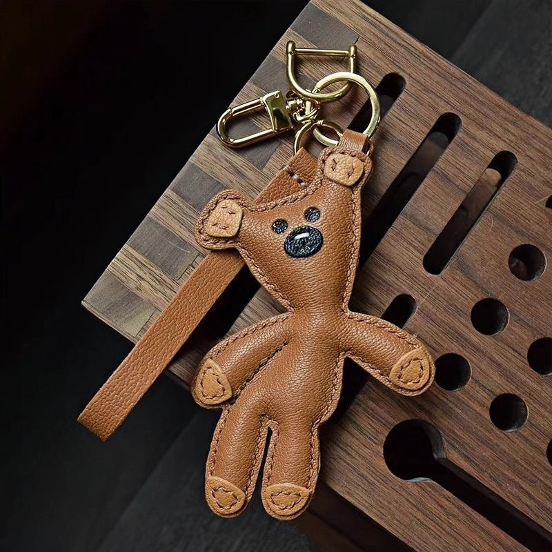 Hand - Stitched Leather Bear Bag Charm – Adorable Vintage Keychain Gift for Her - Tomlynam