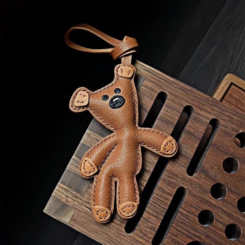 Hand - Stitched Leather Bear Bag Charm – Adorable Vintage Keychain Gift for Her - Tomlynam