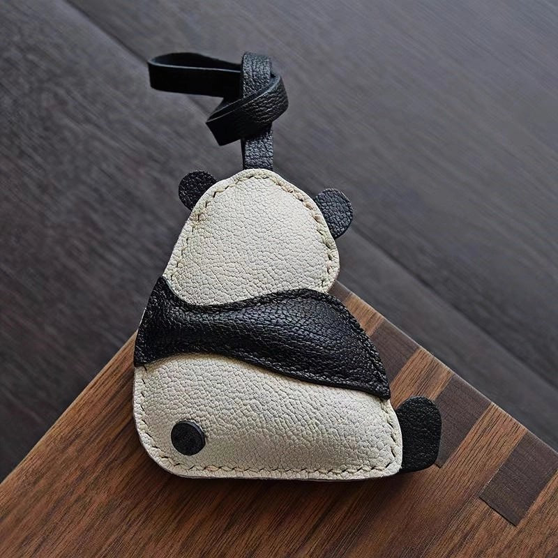 Hand - Stitched Panda Leather Bag Charm – Full - Grain Cowhide Keychain, Minimalist Black - and - White Design, Whimsical Gift for Her - Tomlynam