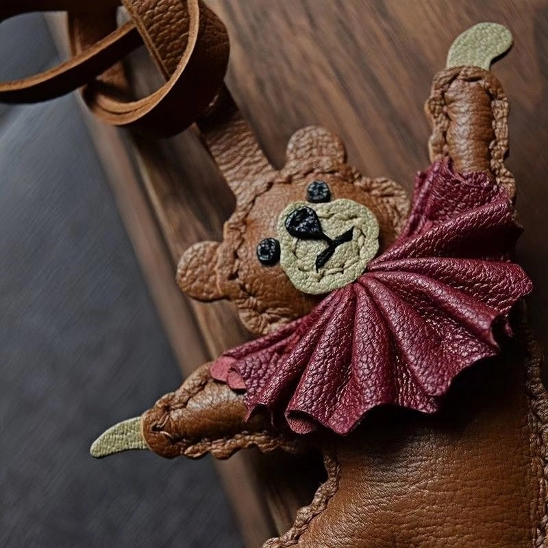 Handcrafted Ballet Bear Bag Charm – Full - Grain Lambskin, Elegant & Playful, Perfect Gift for Her - Tomlynam