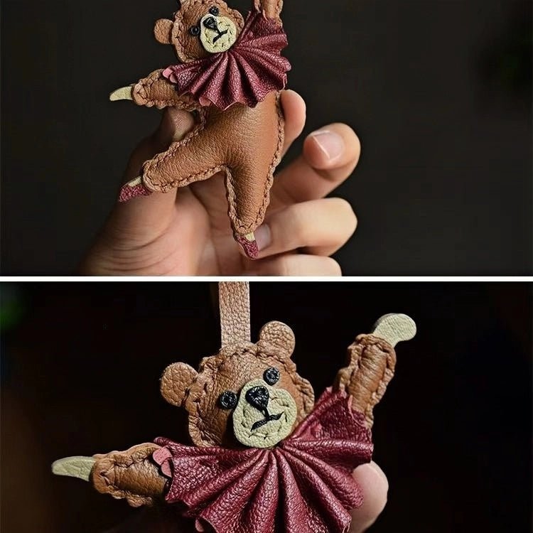 Handcrafted Ballet Bear Bag Charm – Full - Grain Lambskin, Elegant & Playful, Perfect Gift for Her - Tomlynam