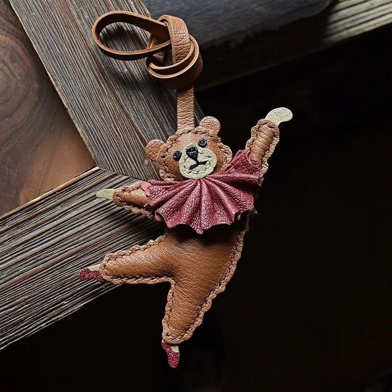 Handcrafted Ballet Bear Bag Charm – Full - Grain Lambskin, Elegant & Playful, Perfect Gift for Her - Tomlynam